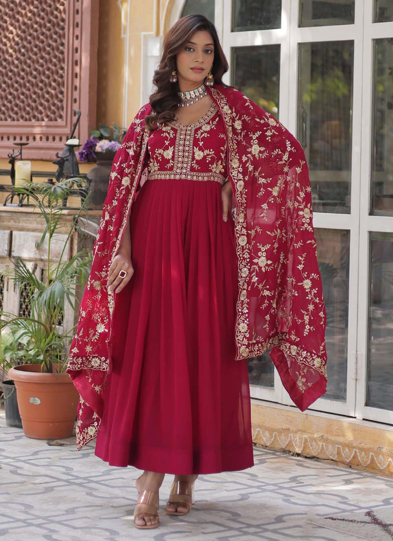 Stunning red sequined and embroidered georgette gown with matching dupatta