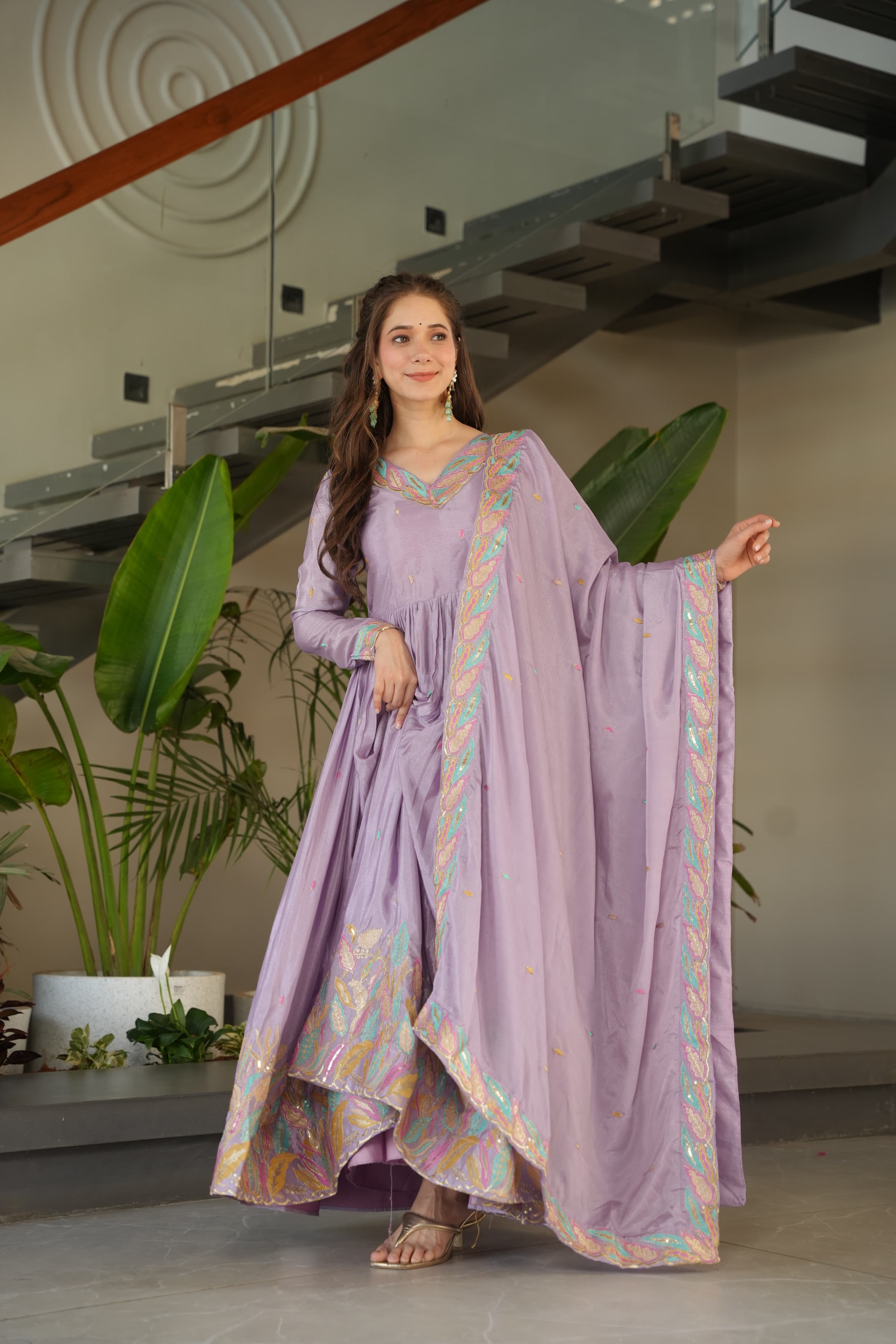Lavender Chinon Silk Sequinned Gown with Dupatta
