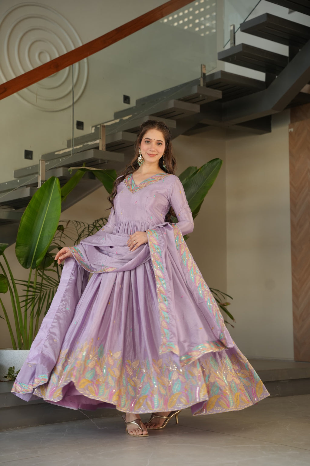 Lavender Chinon Silk Sequinned Gown with Dupatta