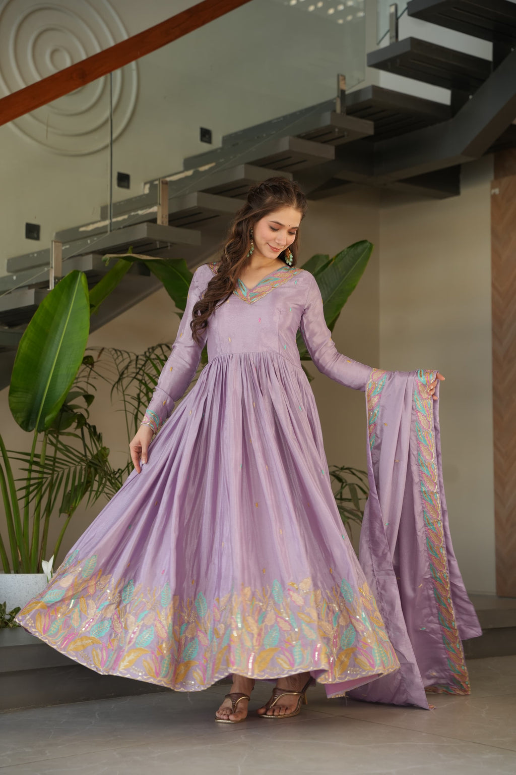 Lavender Chinon Silk Sequinned Gown with Dupatta
