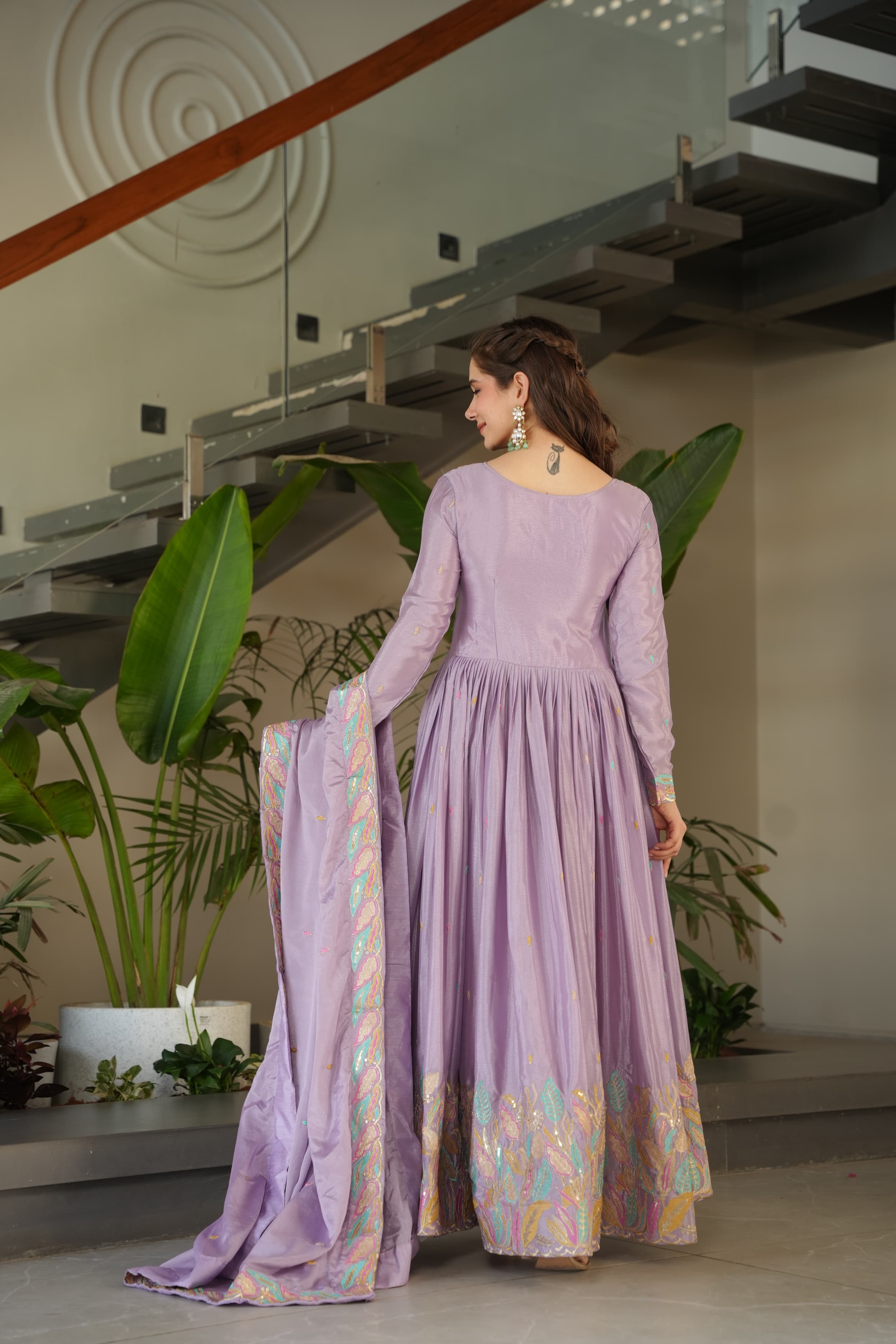 Lavender Chinon Silk Sequinned Gown with Dupatta