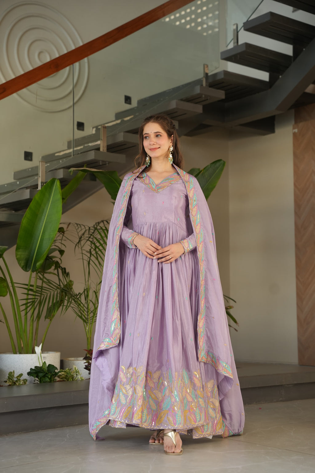 Lavender Chinon silk gown with sequin and multi-thread embroidery and dupatta