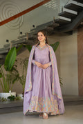 Lavender Chinon silk gown with sequin and multi-thread embroidery and dupatta