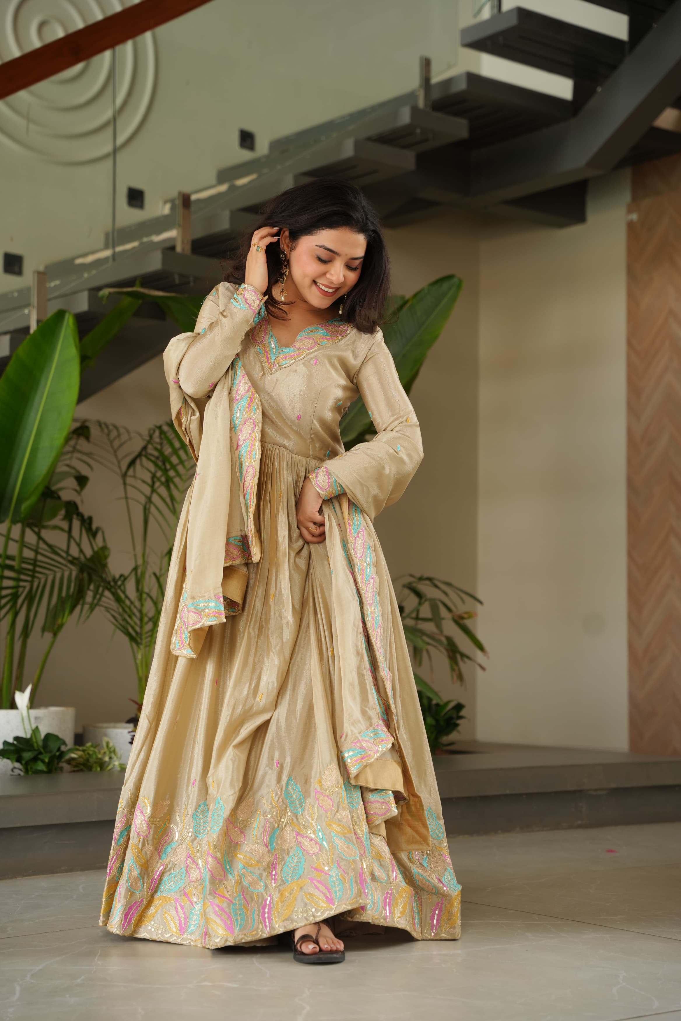 Off White Chinon Silk Sequence Gown with Dupatta