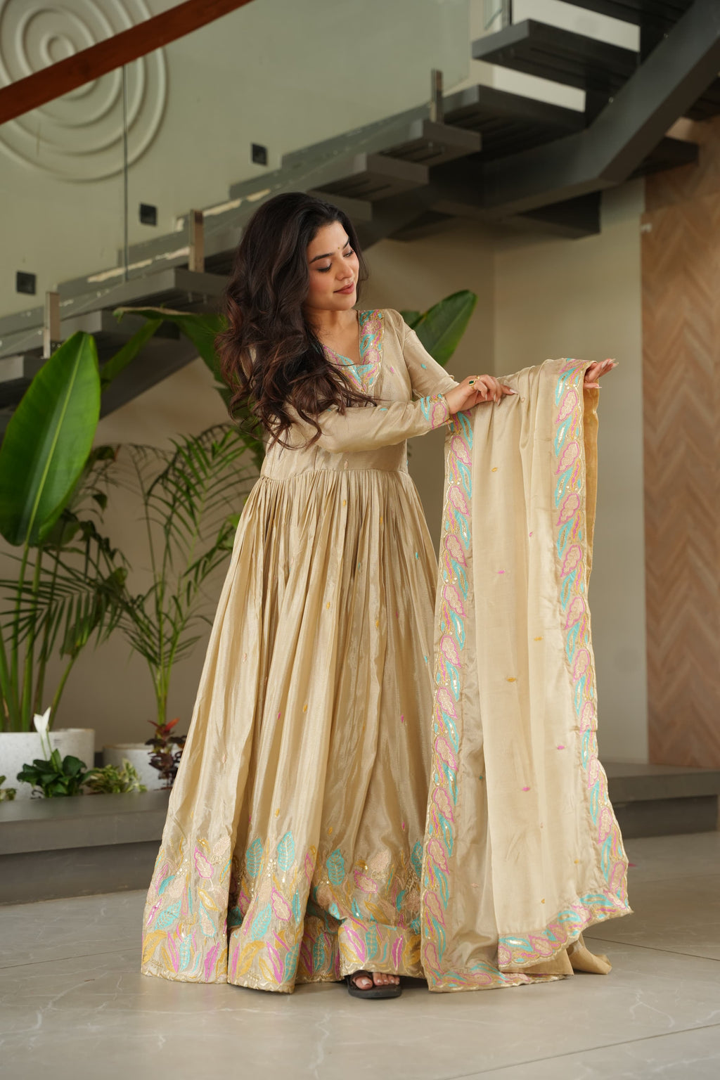Off White Chinon Silk Sequence Gown with Dupatta