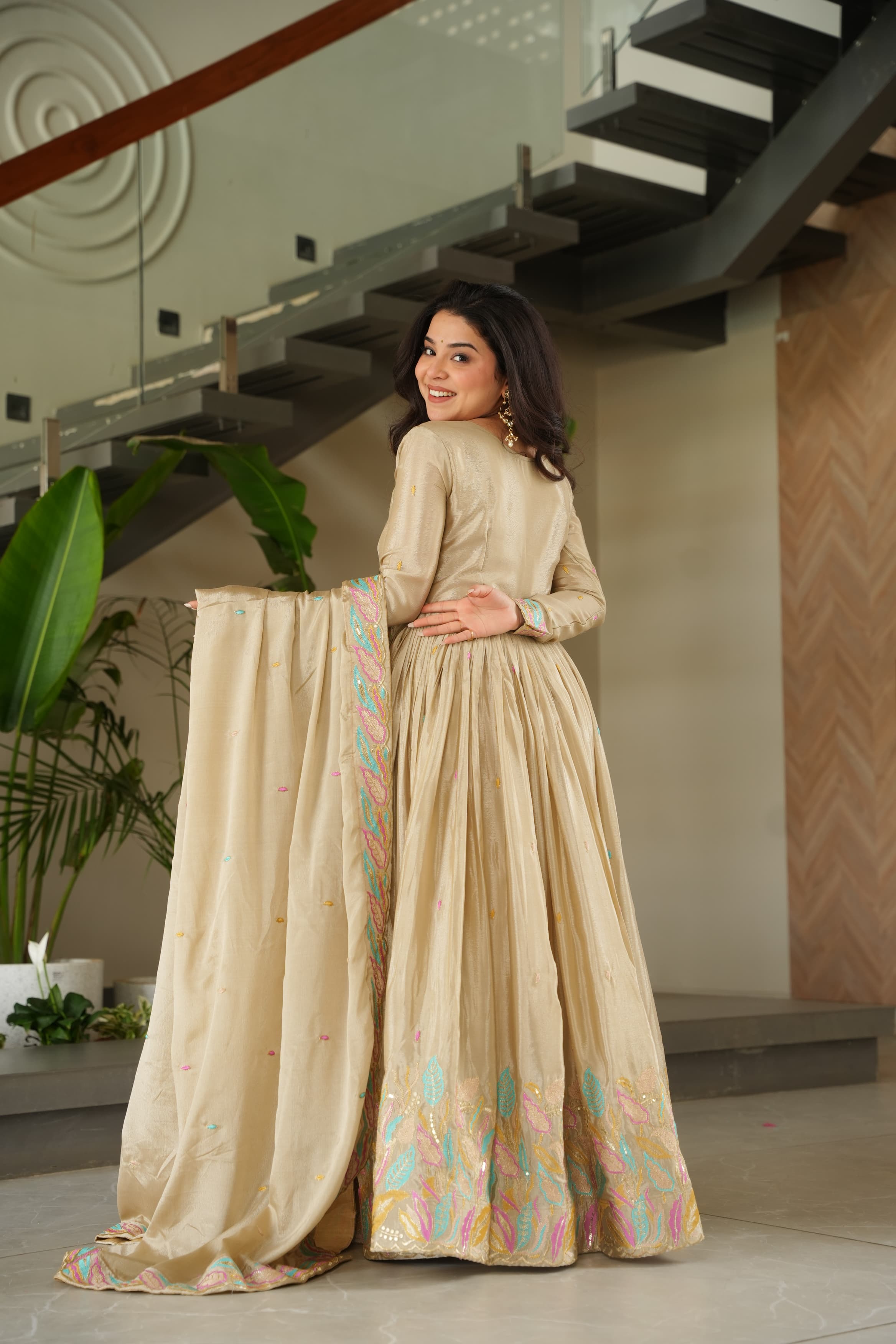 Off White Chinon Silk Sequence Gown with Dupatta