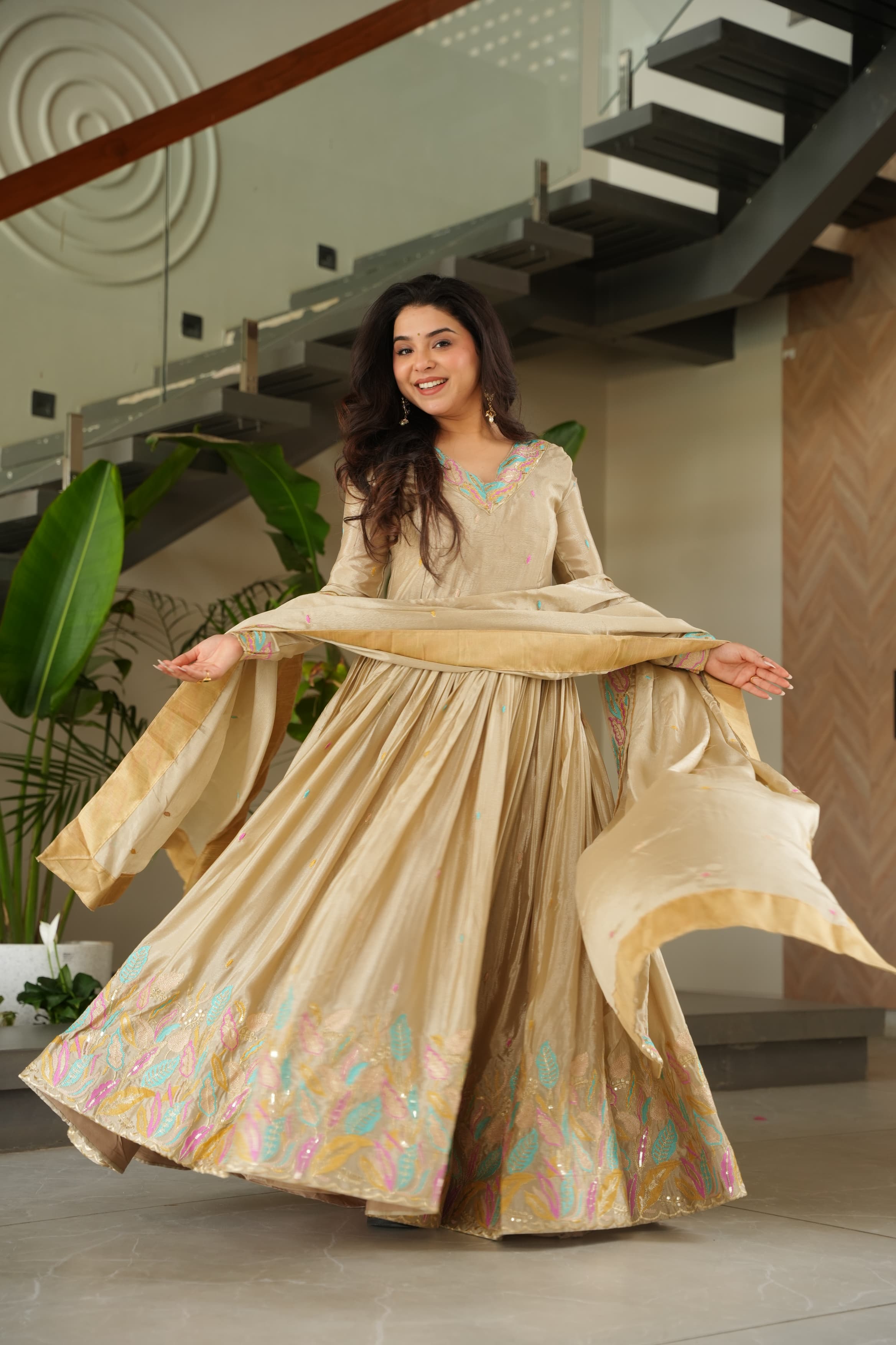 Off white chinon silk gown with sequence and multi-thread embroidery work