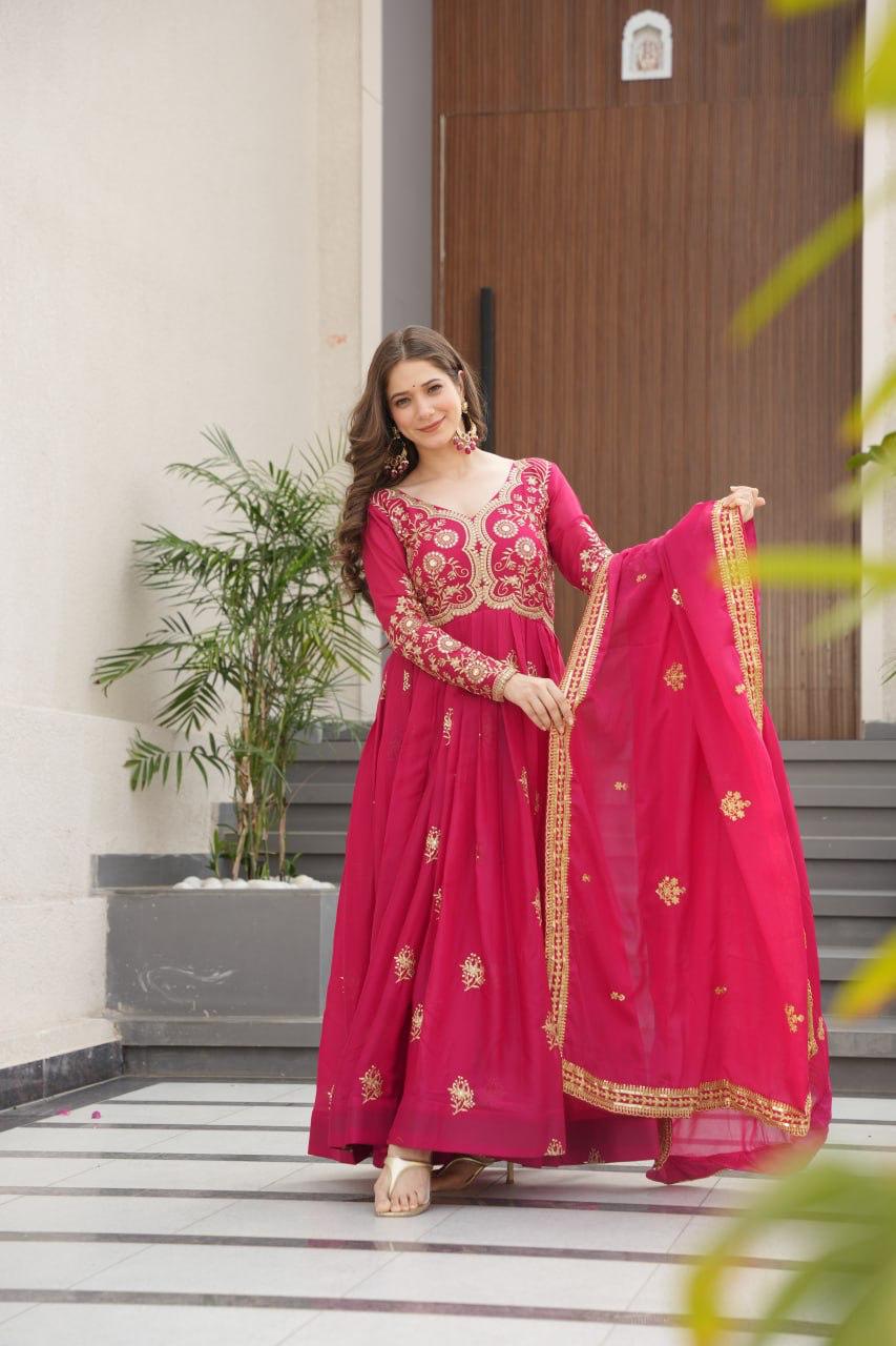 Pink Star Georgette Gown with Sequins and Zari Embroidery