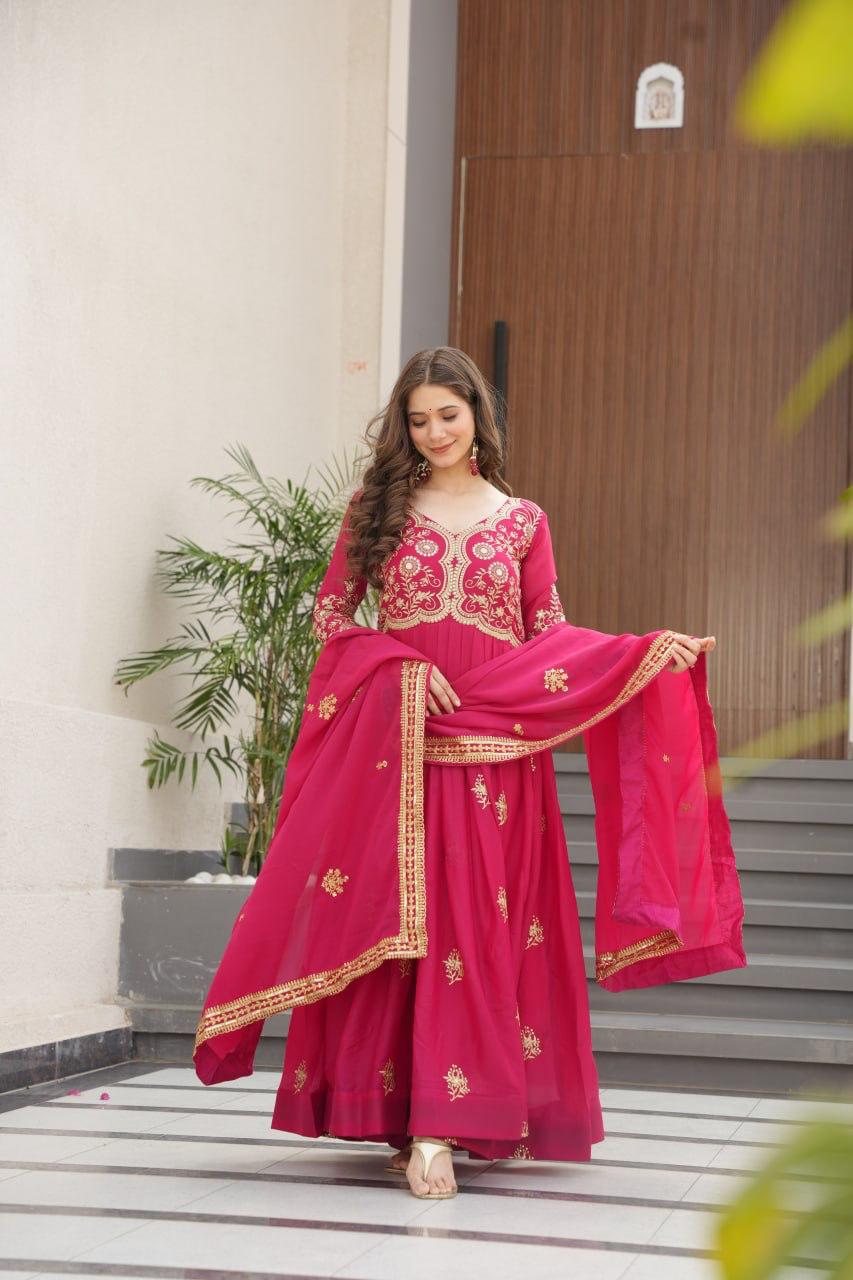 Pink Star Georgette Gown with Sequins and Zari Embroidery