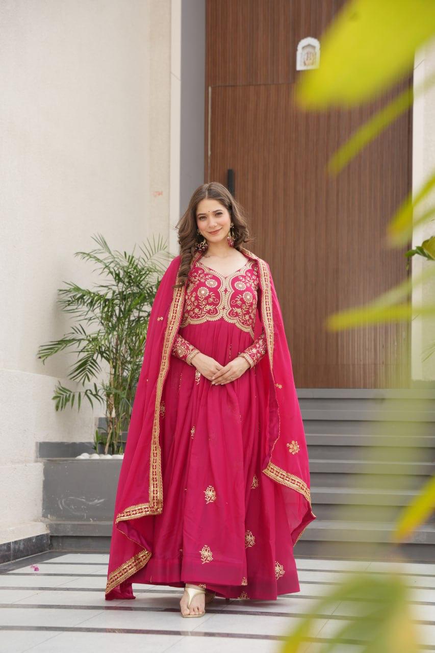 Pink star georgette floor-length gown with sequins and Zari embroidery work