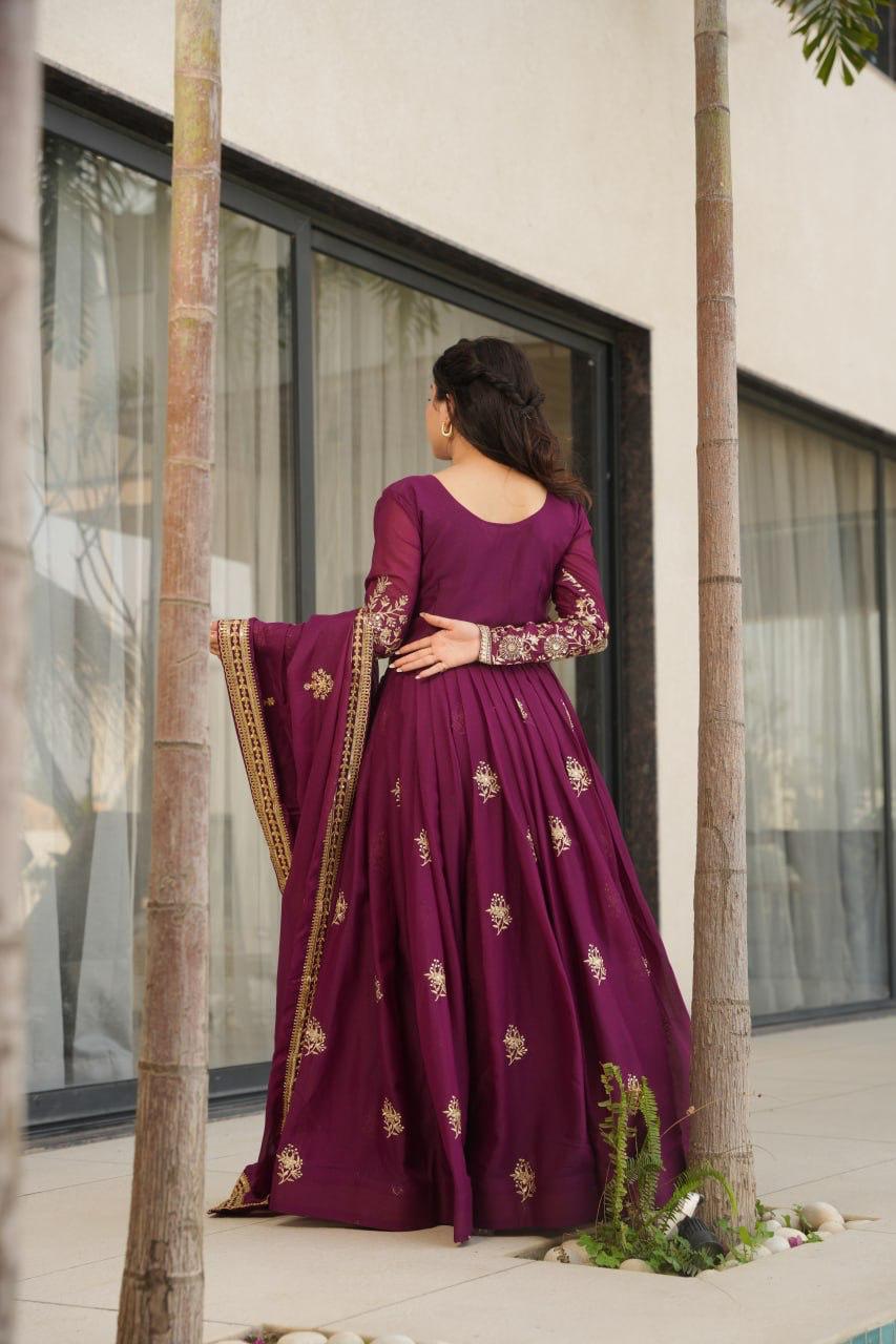 Prazu Fashion Wine Georgette Sequins & Zari Embroidery Gown