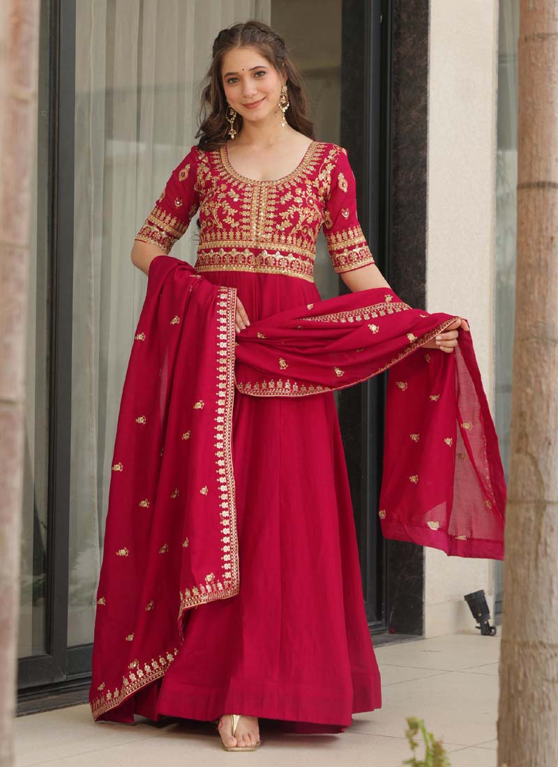 Red Vichitra Silk Embroidered Sequin Gown With Dupatta