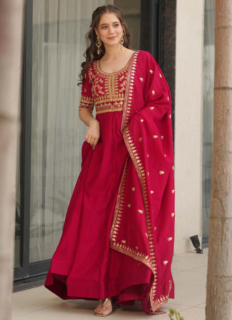 Red Vichitra Silk Embroidered Sequin Gown With Dupatta