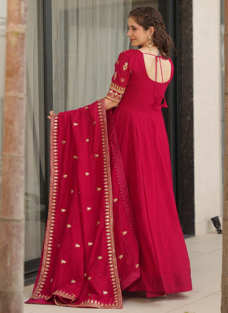 Red Vichitra Silk Embroidered Sequin Gown With Dupatta