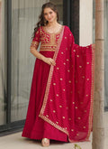 Front view of a floor-length red Vichitra silk gown with detailed sequin and zari embroidery and matching dupatta