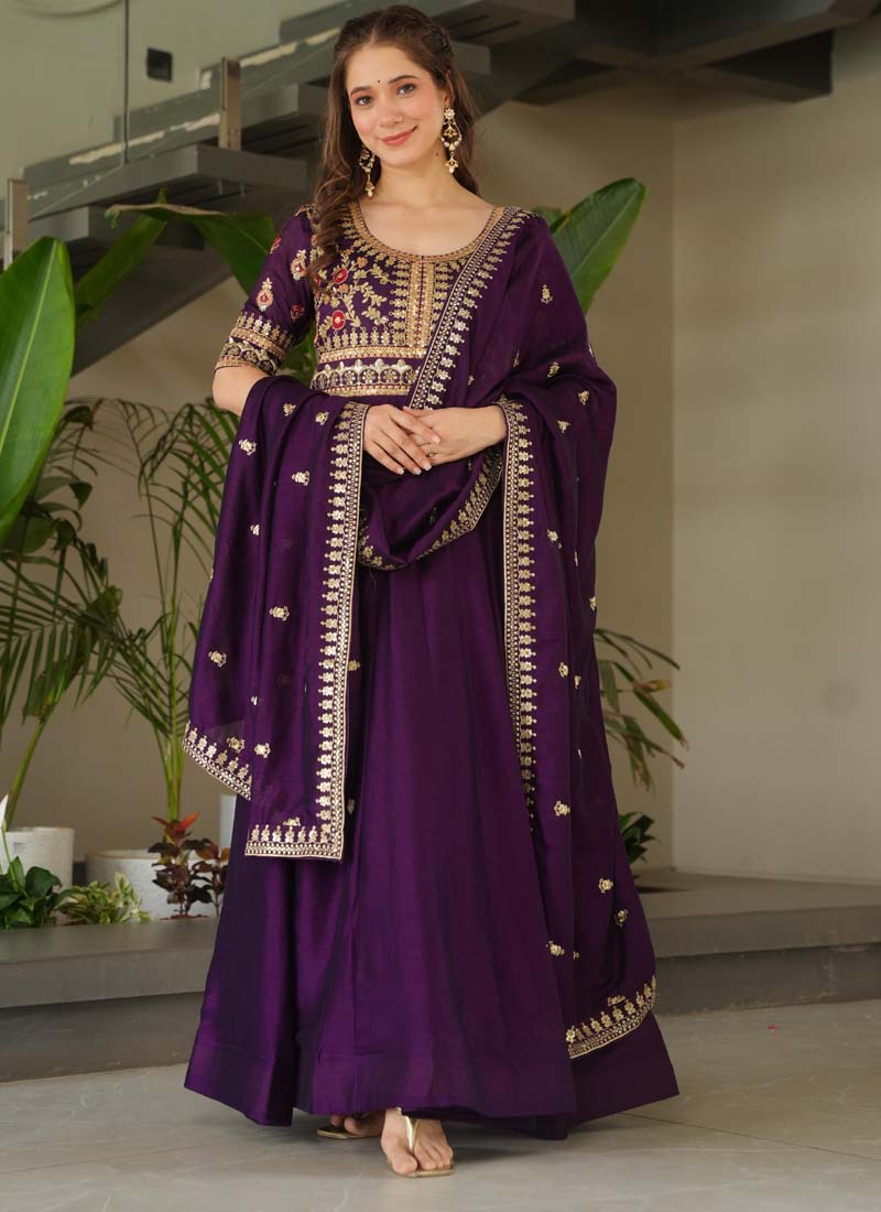 Violet Vichitra Silk Embroidered Sequence Gown With Dupatta