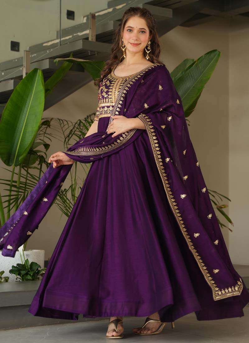 Violet Vichitra Silk Embroidered Sequence Gown With Dupatta