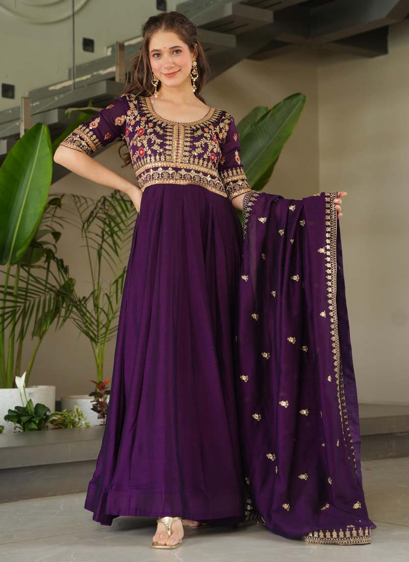 Violet Vichitra Silk Embroidered Sequence Gown With Dupatta