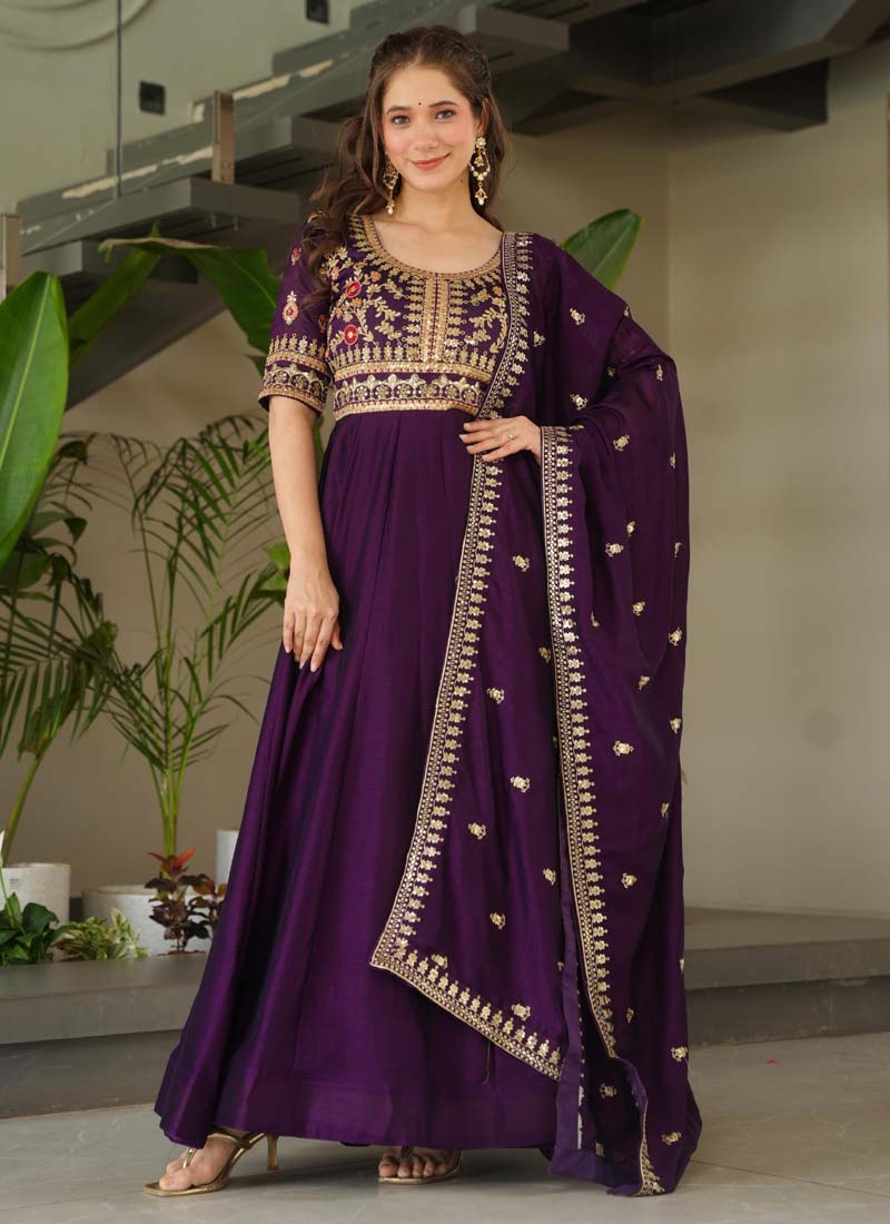 Violet Vichitra silk gown with sequence embroidery and matching dupatta