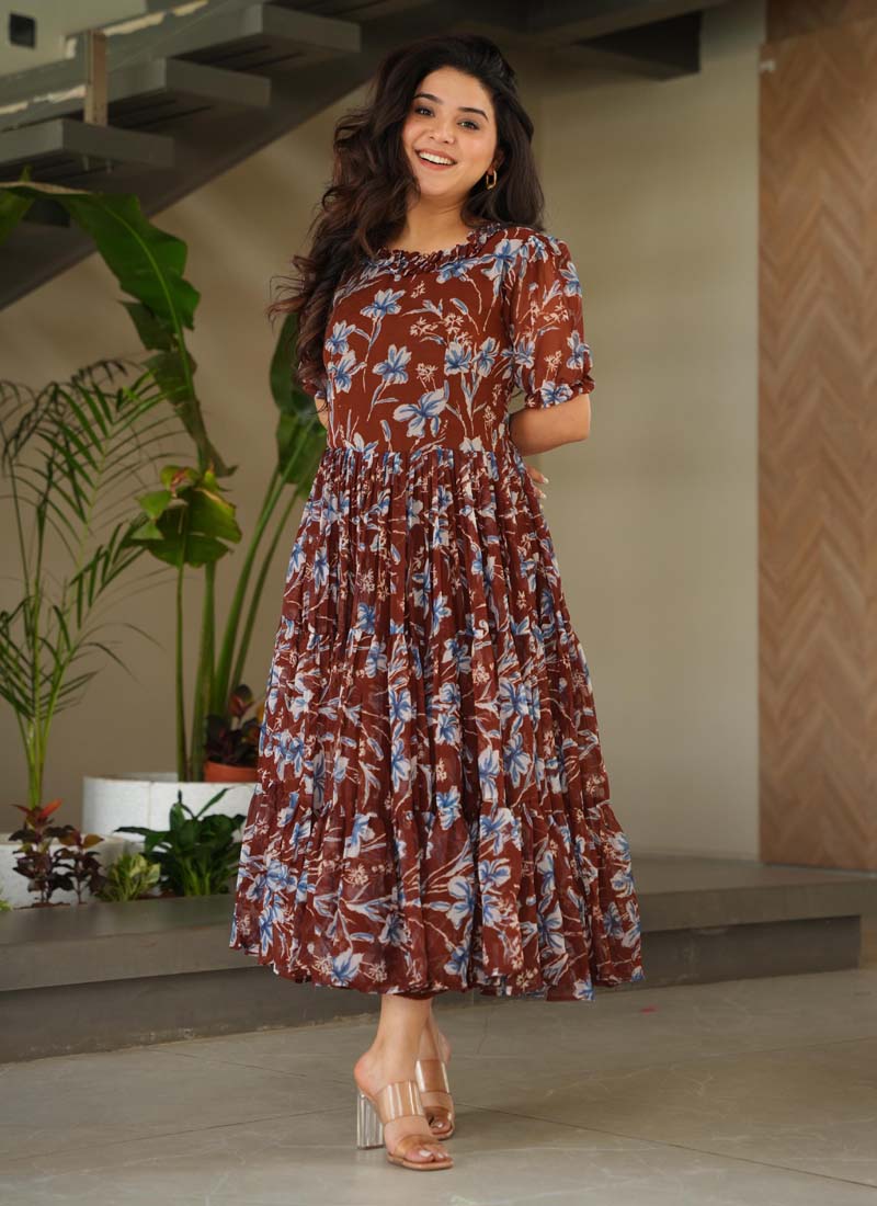 Prazu Fashion Brown Georgette Printed Designer Gown
