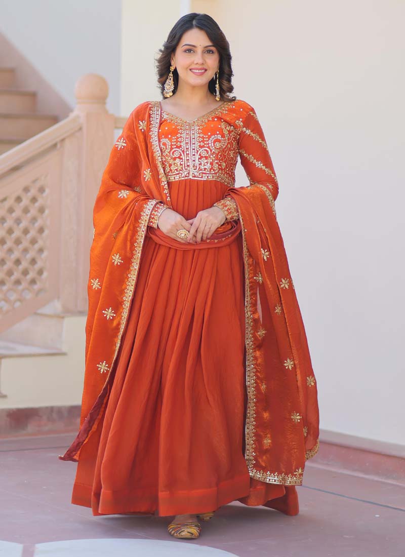 Silk Embroidered Gown in Rust Orange and Gold with Dupatta