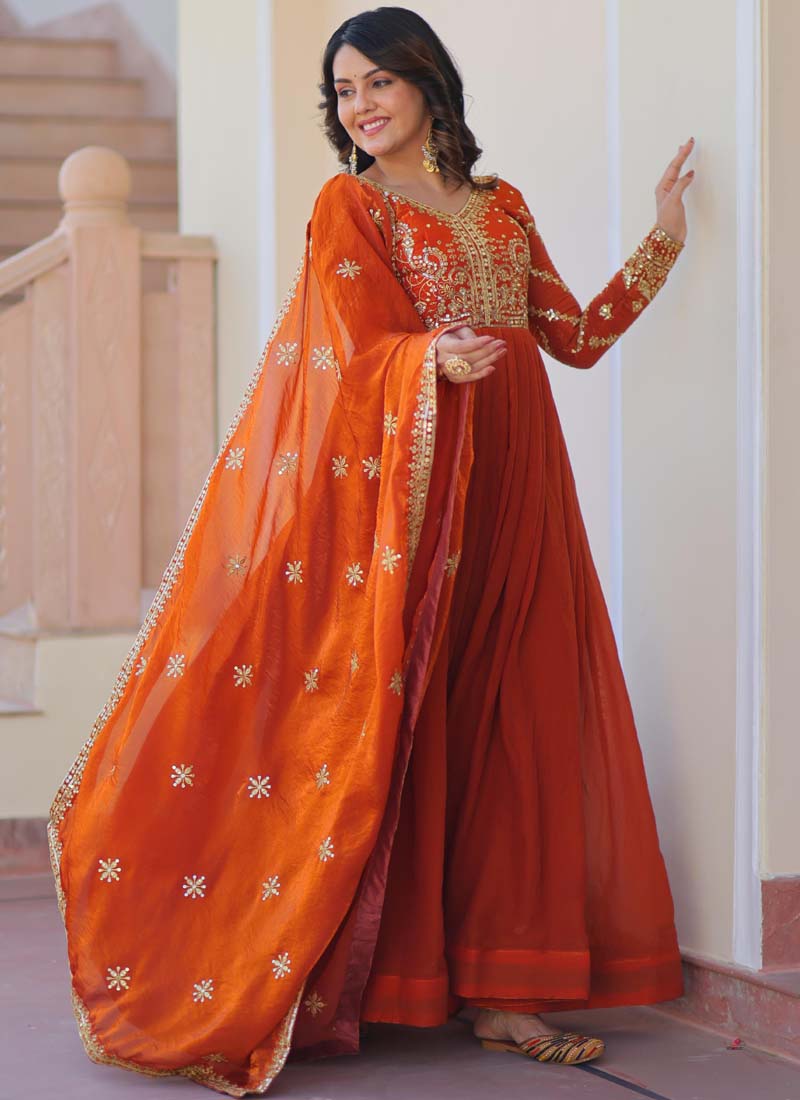 Silk Embroidered Gown in Rust Orange and Gold with Dupatta