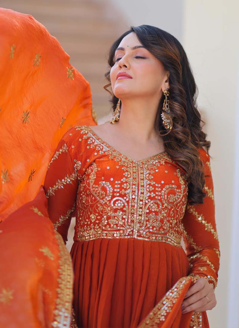 Silk Embroidered Gown in Rust Orange and Gold with Dupatta