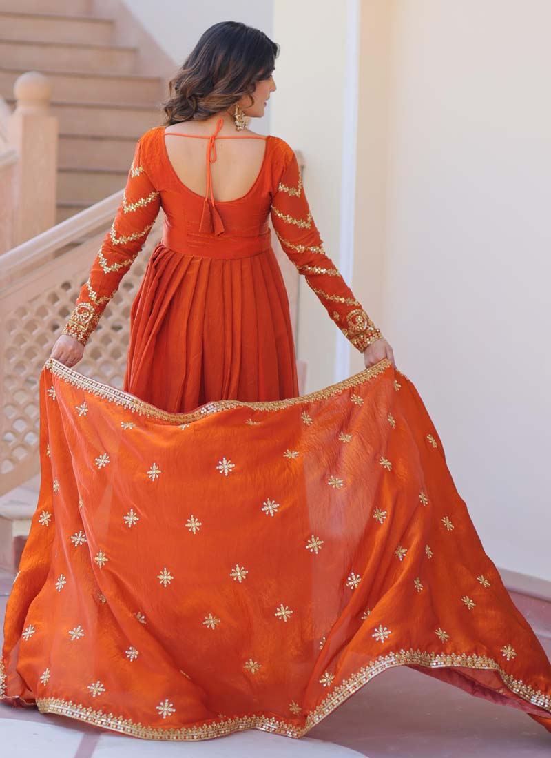Silk Embroidered Gown in Rust Orange and Gold with Dupatta