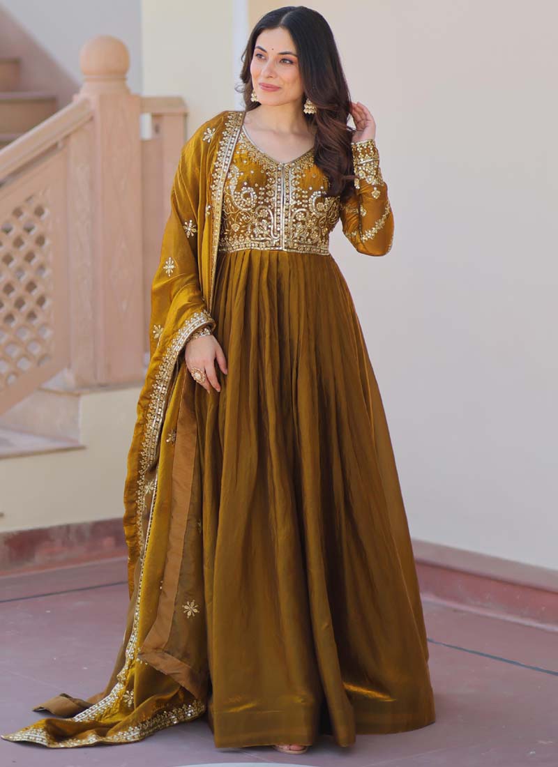 Mahendi Silk Embroidered Gown With Matching Dupatta