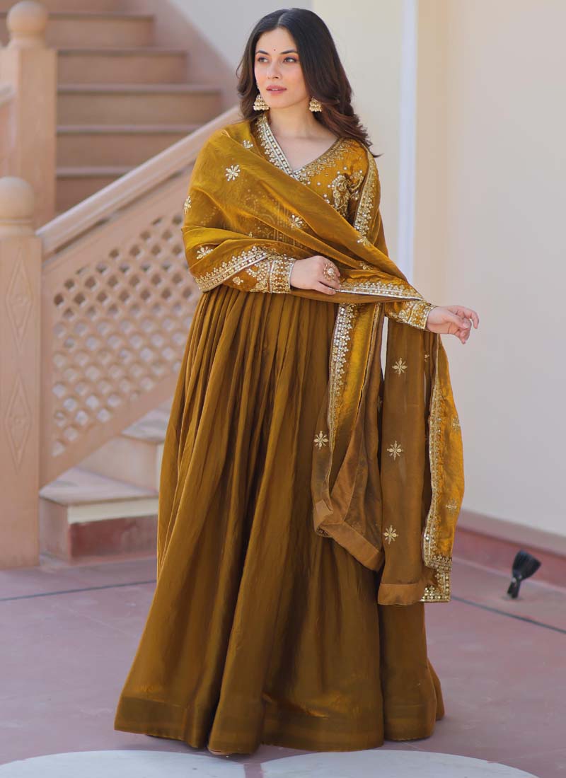 Mahendi Silk Embroidered Gown With Matching Dupatta