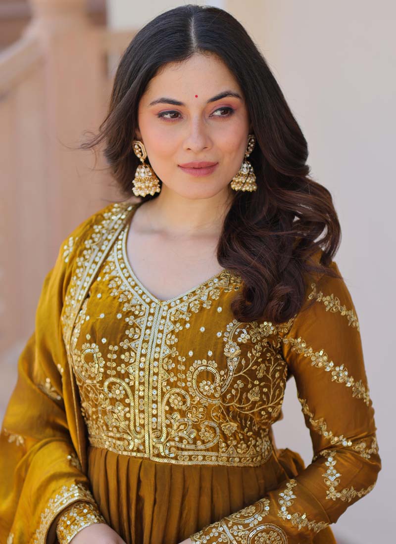 Mahendi Silk Embroidered Gown With Matching Dupatta