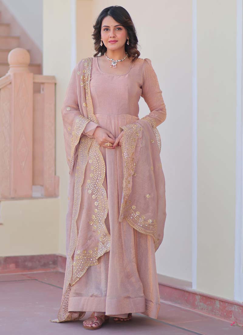Light Peach Fendy Chiffon Embroidered Gown with Dupatta