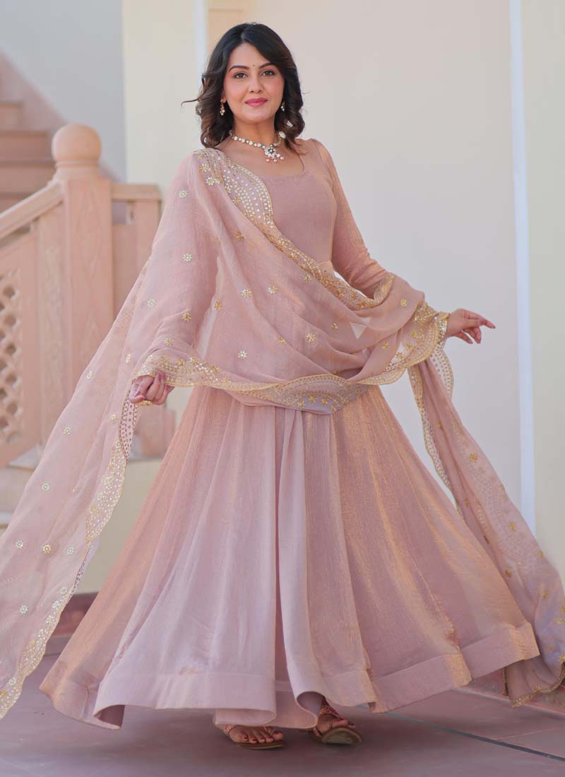 Light Peach Fendy Chiffon Embroidered Gown with Dupatta