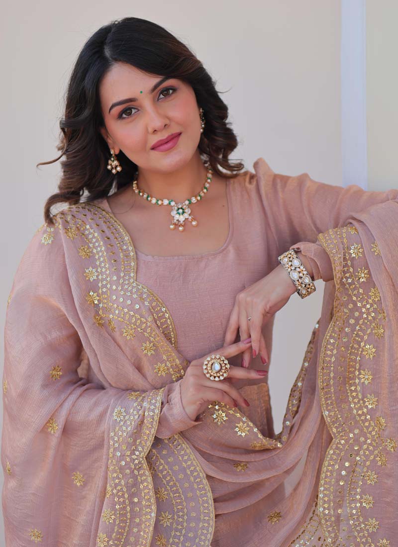 Light Peach Fendy Chiffon Embroidered Gown with Dupatta