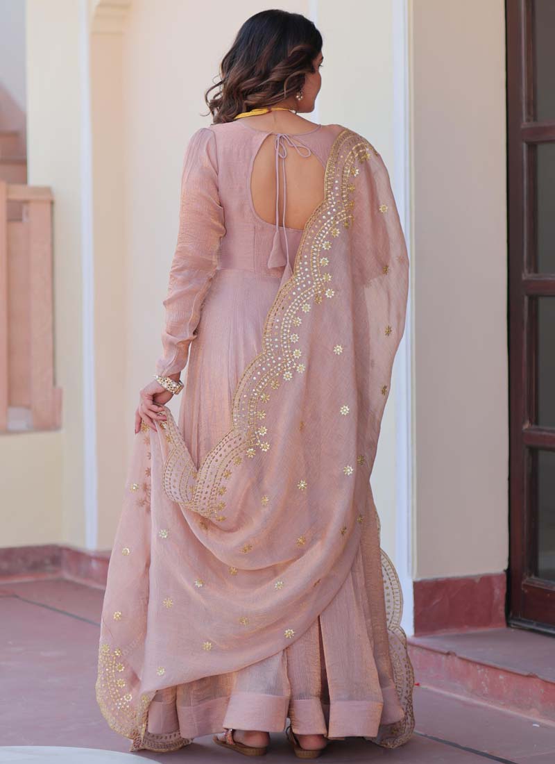 Light Peach Fendy Chiffon Embroidered Gown with Dupatta