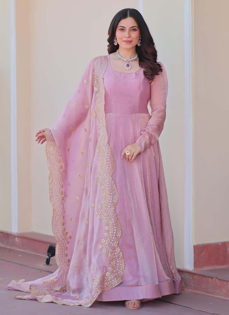 Pink Fendy Chiffon Embroidered Gown with Dupatta