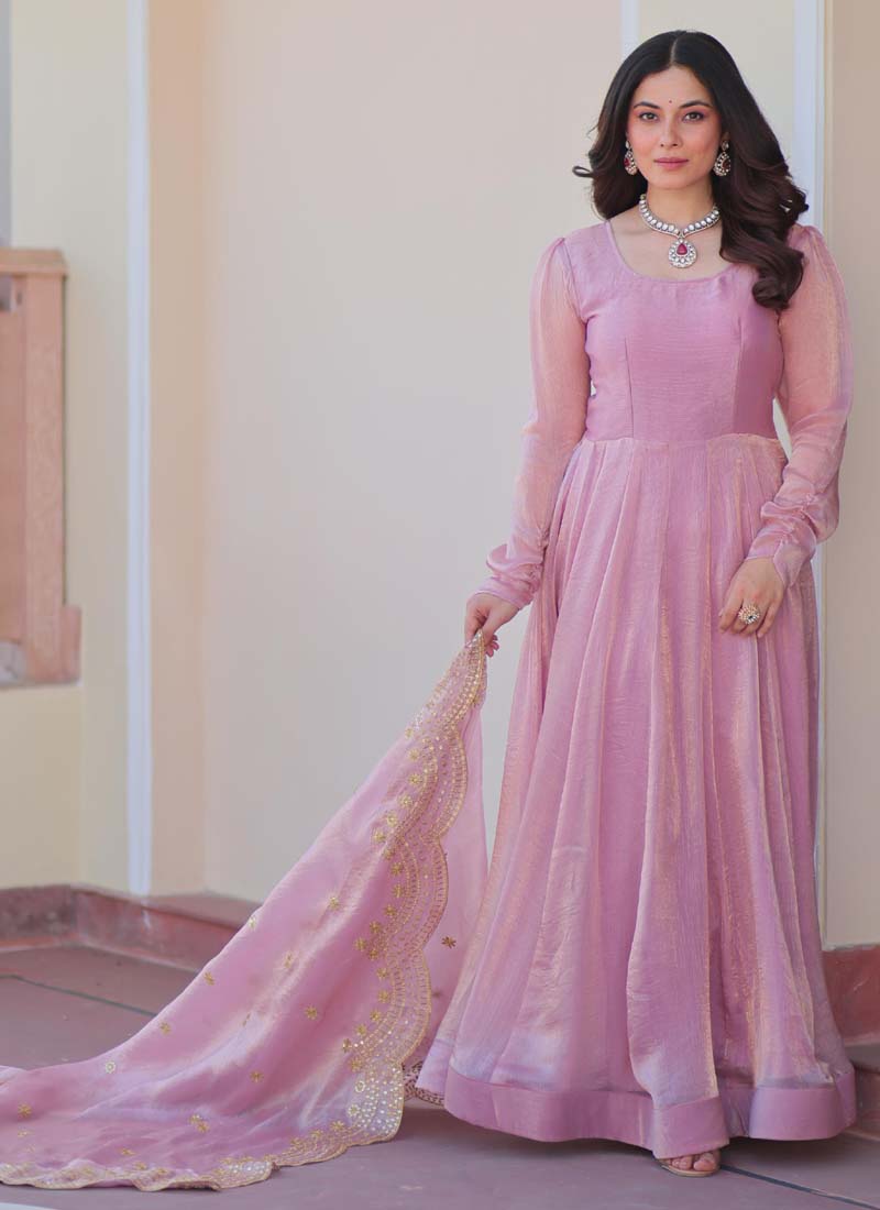 Pink Fendy Chiffon Embroidered Gown with Dupatta