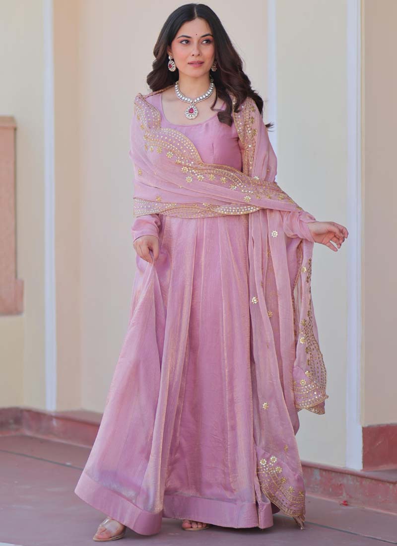 Pink Fendy Chiffon Embroidered Gown with Dupatta