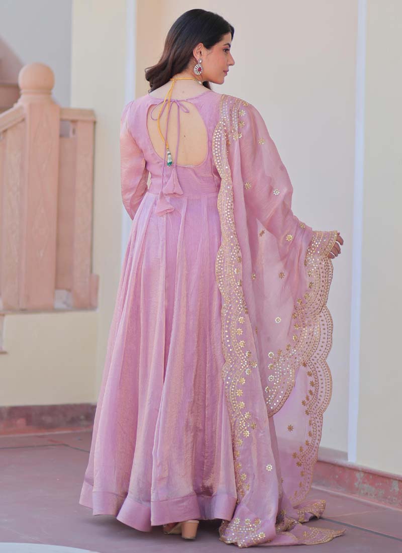 Pink Fendy Chiffon Embroidered Gown with Dupatta