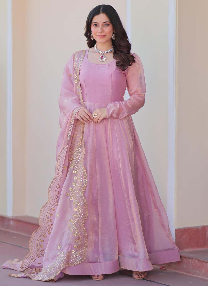 Pink Fendy Chiffon embroidered gown with 12 kali flare and dupatta