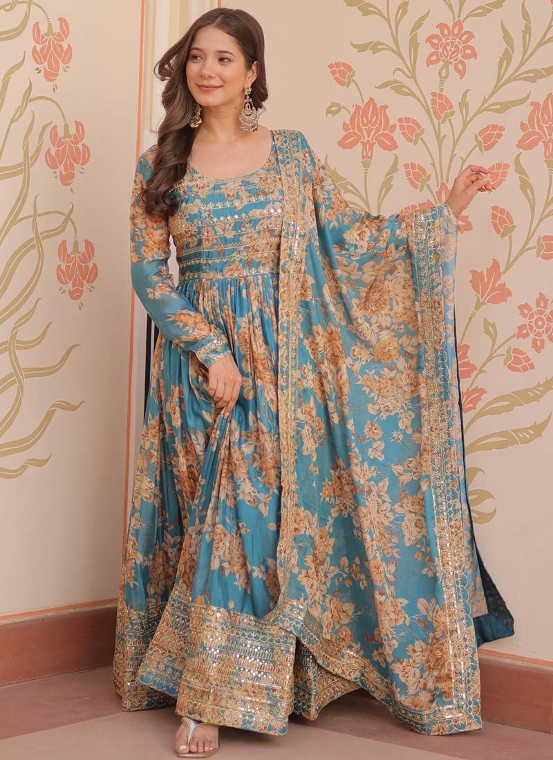 Prazu Fashion Sky Blue Russian Silk Embroidered Gown With Dupatta