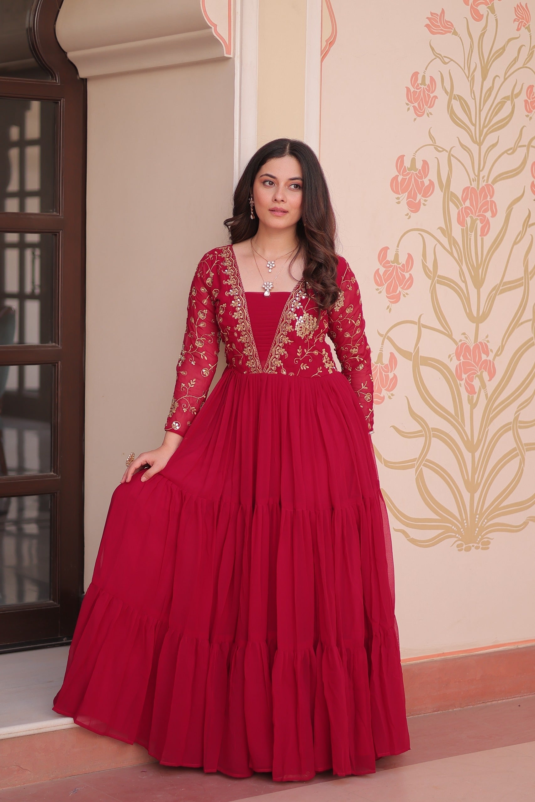 Pink Georgette Embroidered Designer Gown with Sequins and Zari
