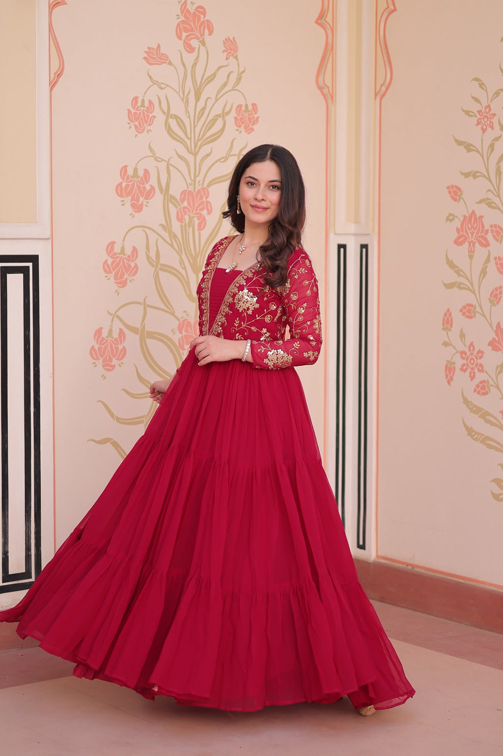 Pink Georgette Embroidered Designer Gown with Sequins and Zari