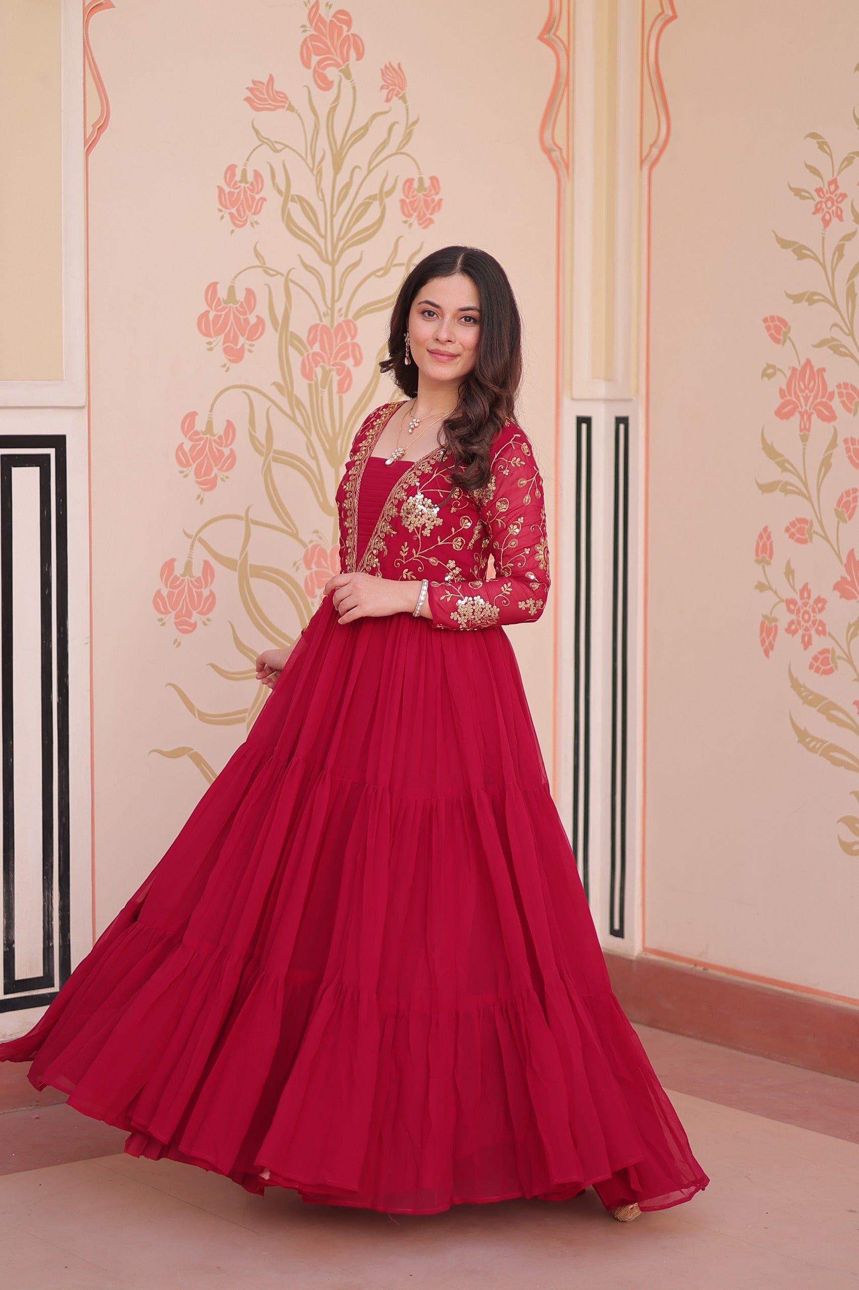 Pink Georgette Embroidered Designer Gown with Sequins and Zari