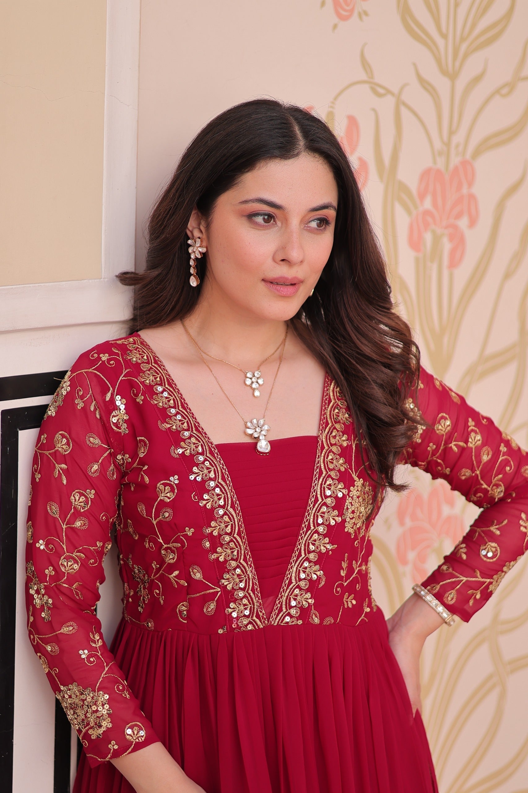 Pink Georgette Embroidered Designer Gown with Sequins and Zari