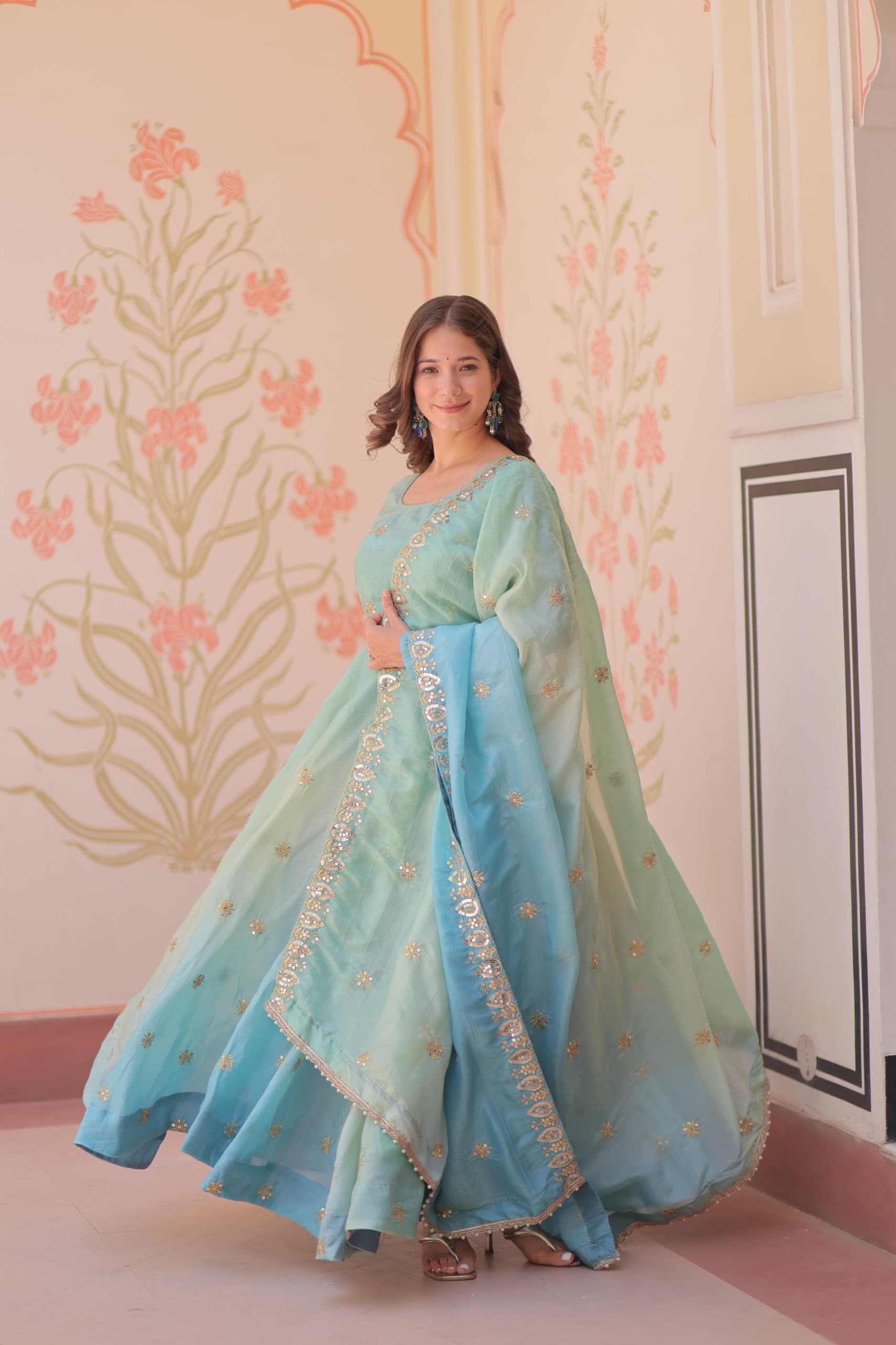 Sky Blue Organza Embroidered Gown with Dupatta