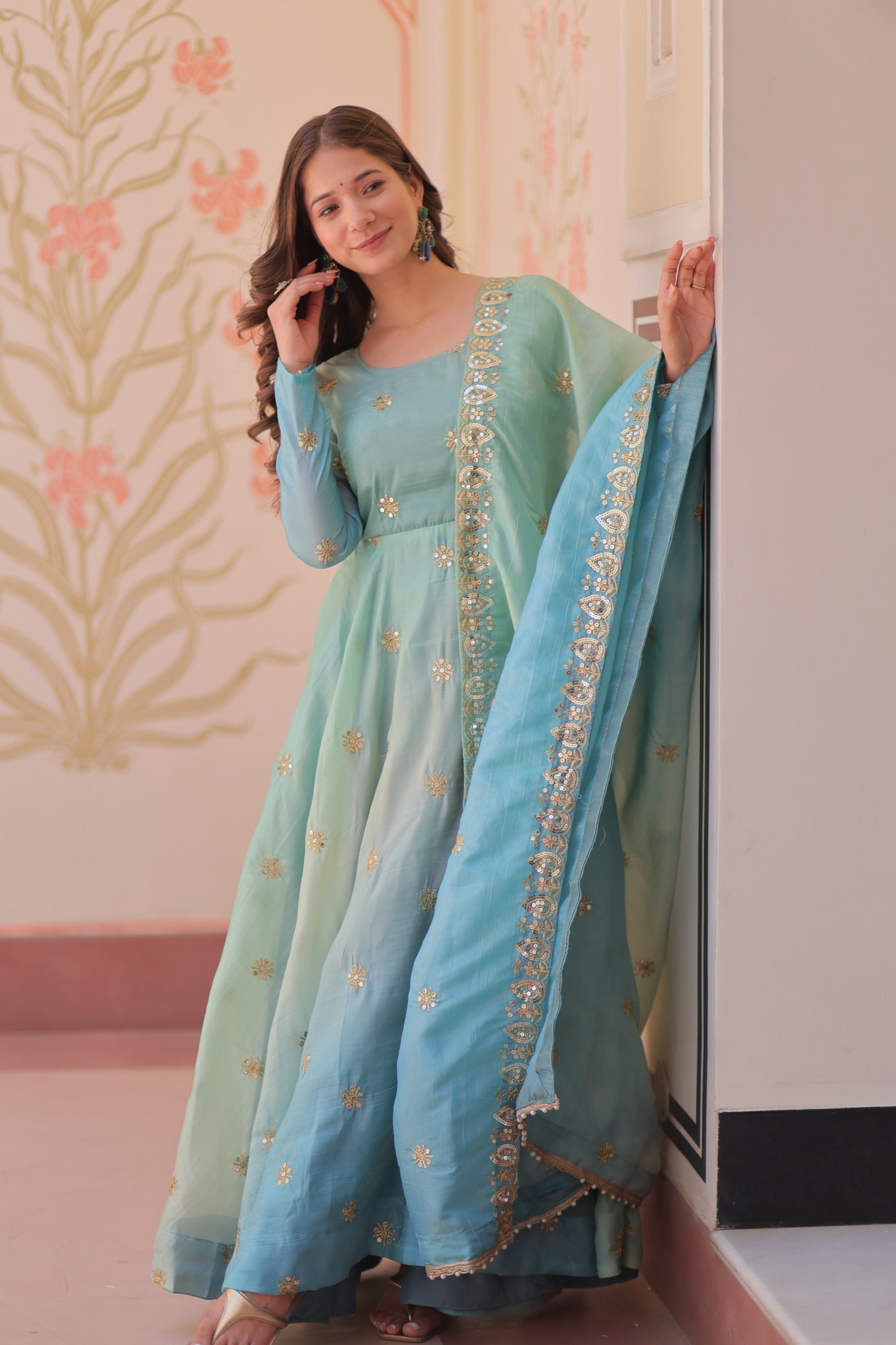 Sky Blue Organza Embroidered Gown with Dupatta
