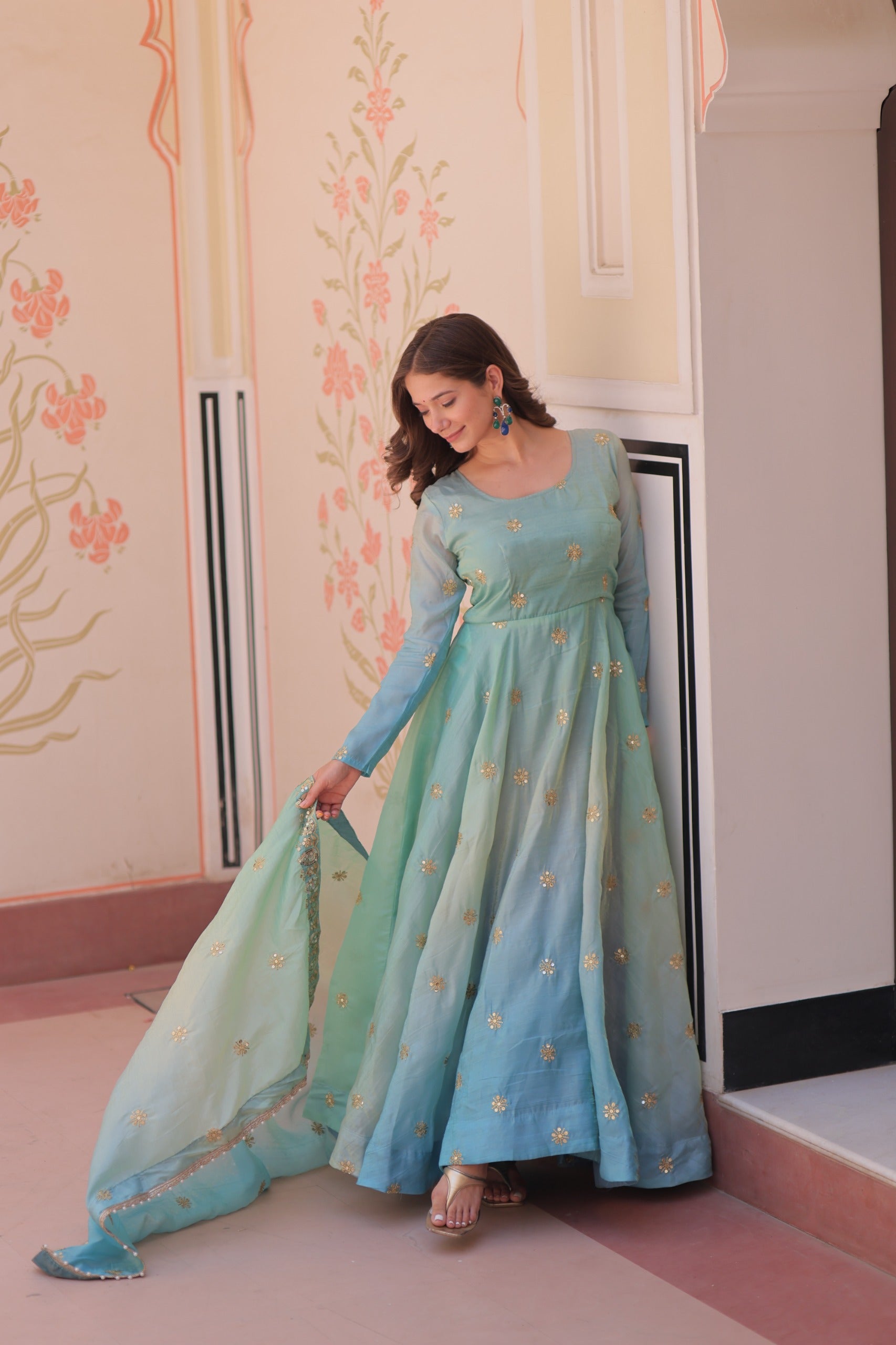 Sky Blue Organza Embroidered Gown with Dupatta