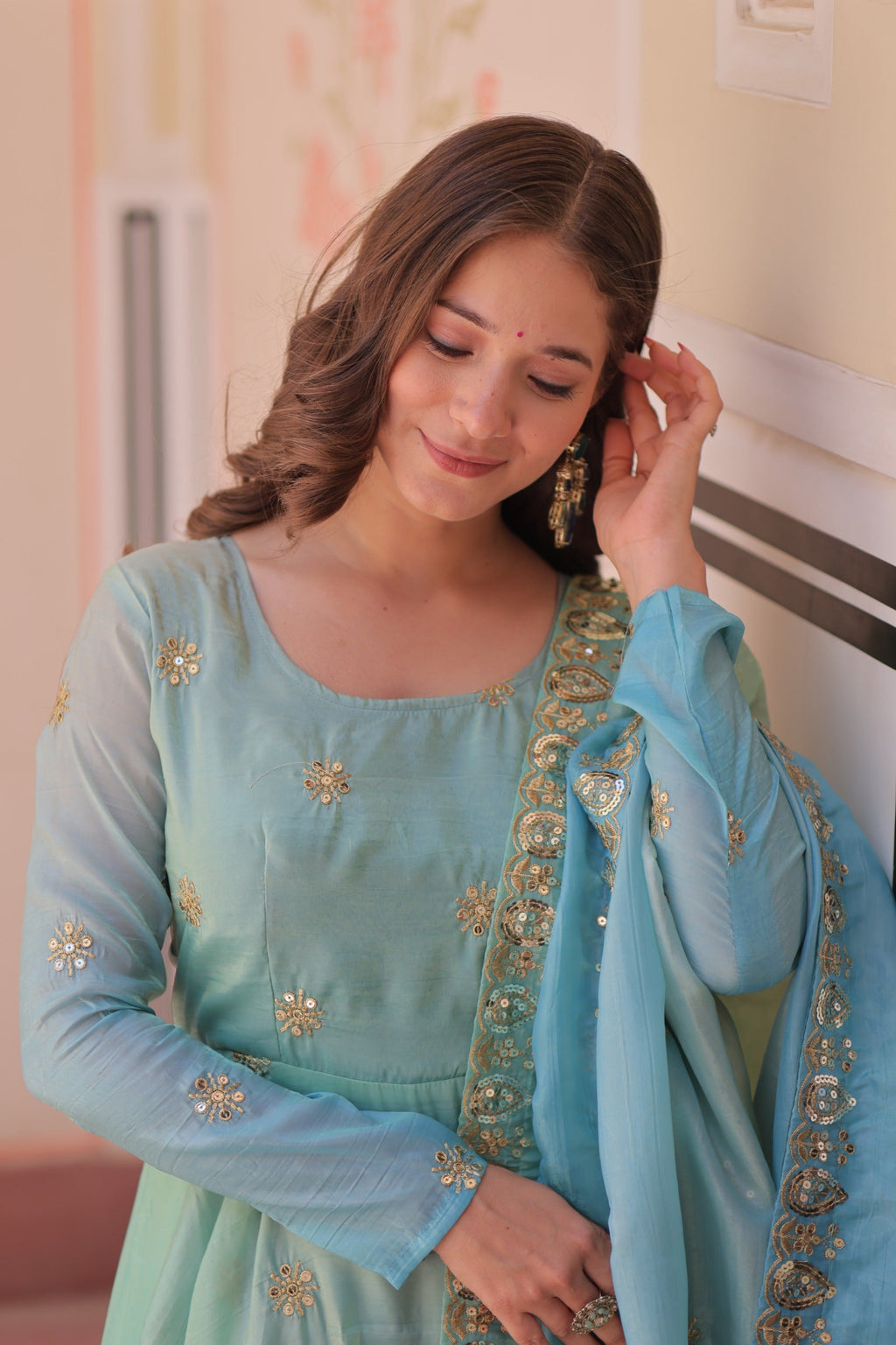 Sky Blue Organza Embroidered Gown with Dupatta