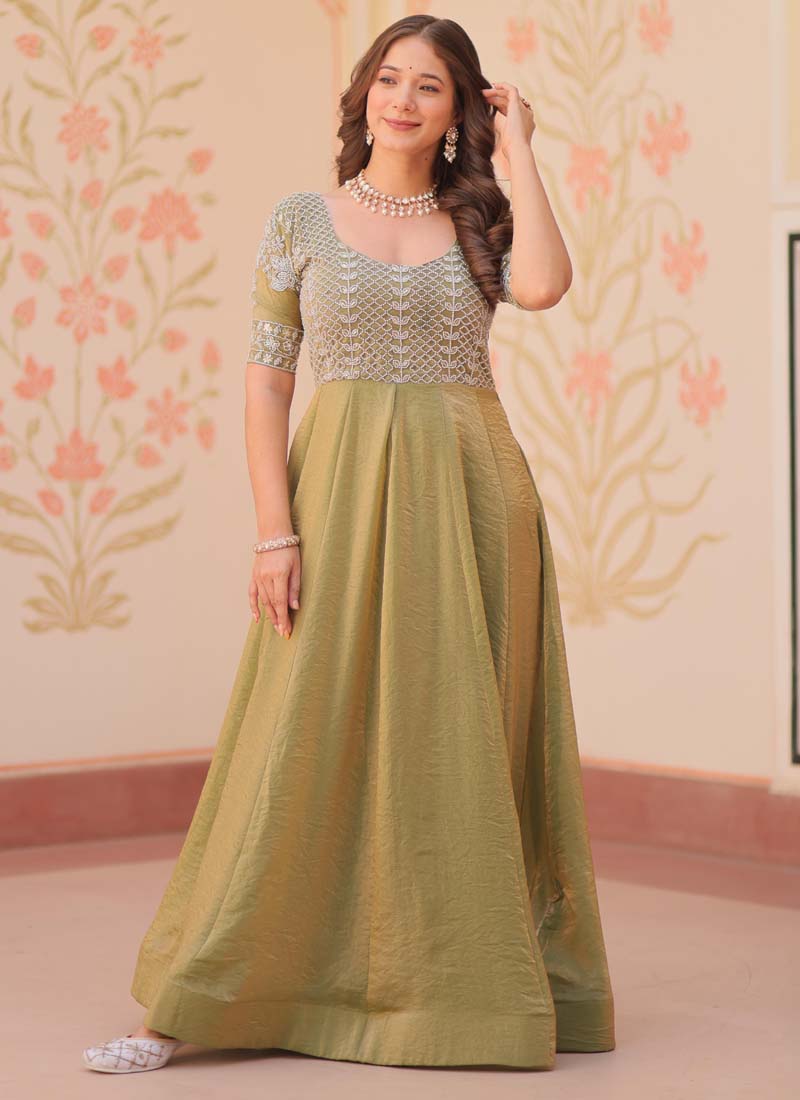 Elegant Mahendi silk gown with intricate beads embroidery for formal occasions.